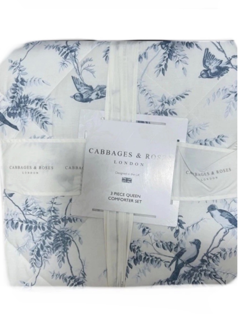 Cabbage & Roses Blue and White Etched Birds Queen Comforter Set 90”x90”